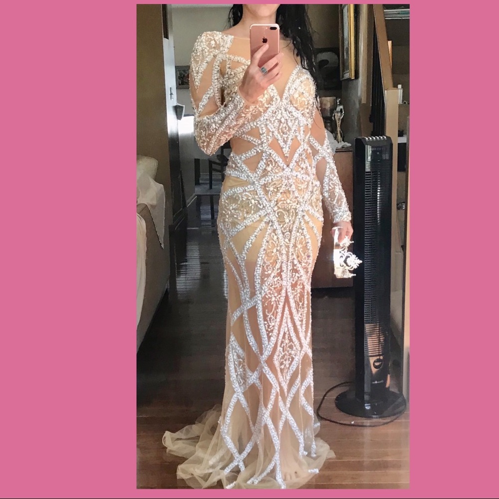 Jovani pageant dress white nude beads 32202 Sz 2